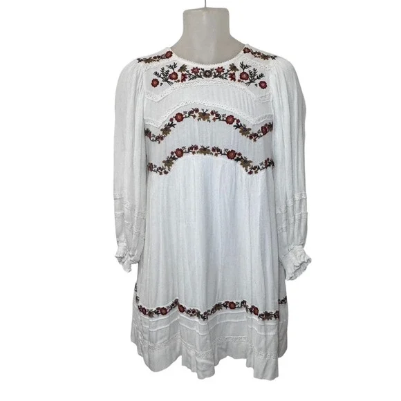 Free People Pasadena Embroidered Mini Dress Long Sleeve Romantic Small - Picture 2 of 12